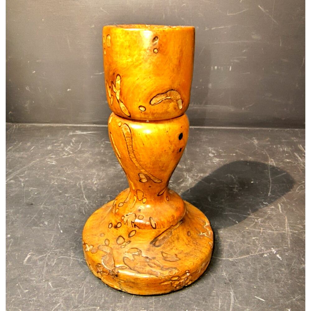 1995.  Burled Hand Turned Natural Wooden Candlestick Holder